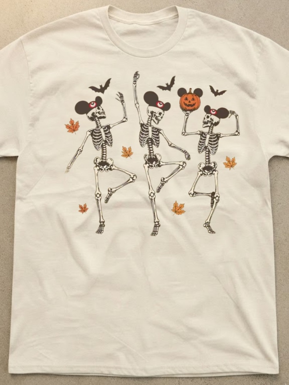 Dancing Skeletons Mickey Mouse Ears Pumpkin Leaves Halloween Vintage White Tee